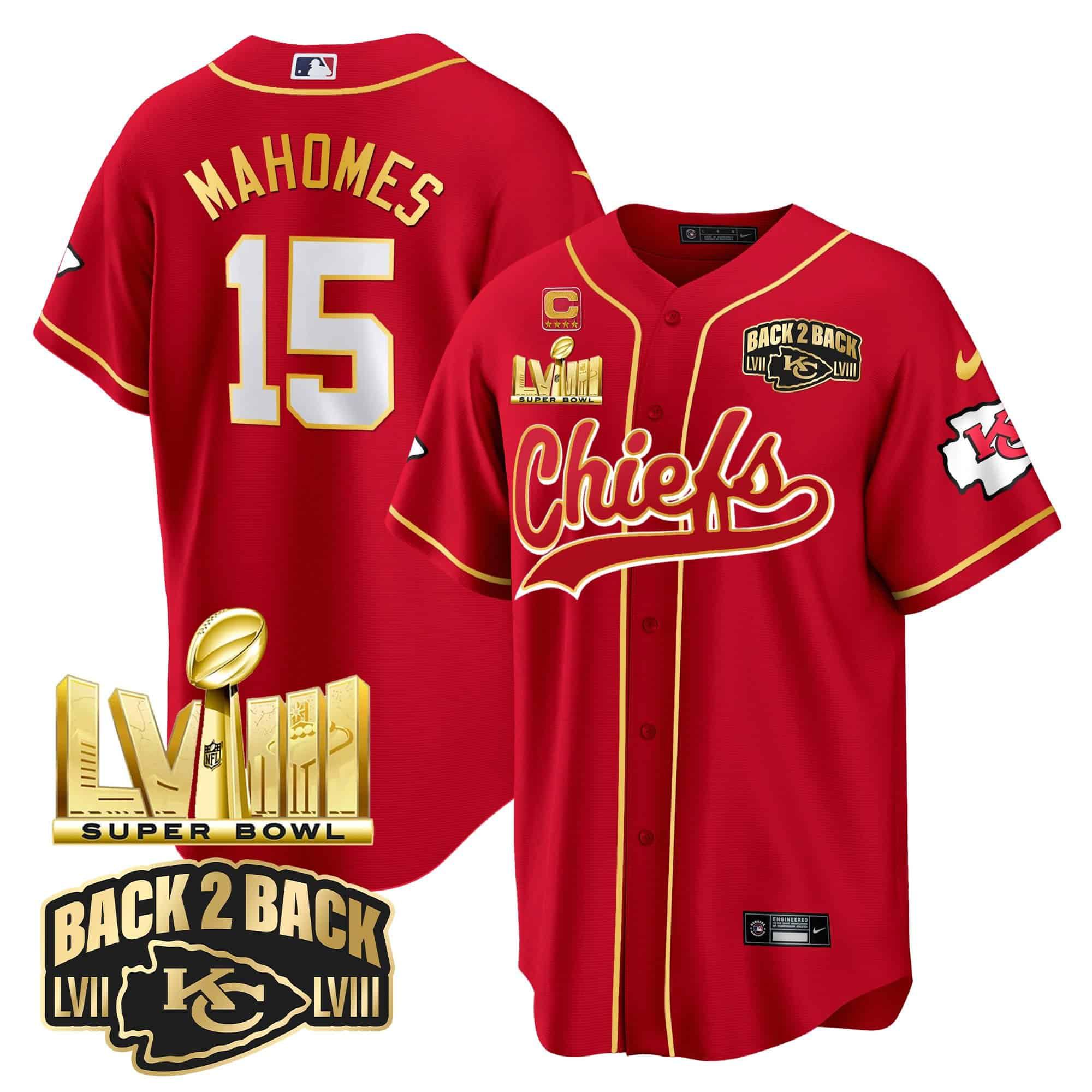 Men Kansas City Chiefs #15 Mahomes Red 2024 Nike Super Bowl LVIII Back-2-Back Gold Patch Baseball NFL Jersey